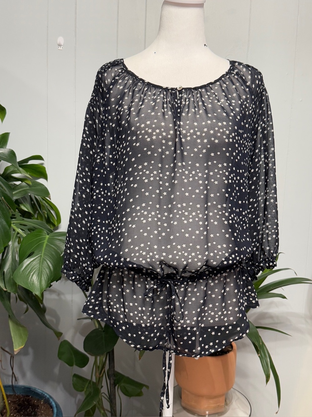#17) Daniel Rainn Black Sheer Star-Print Peasant Blouse - Picture 3 of 7